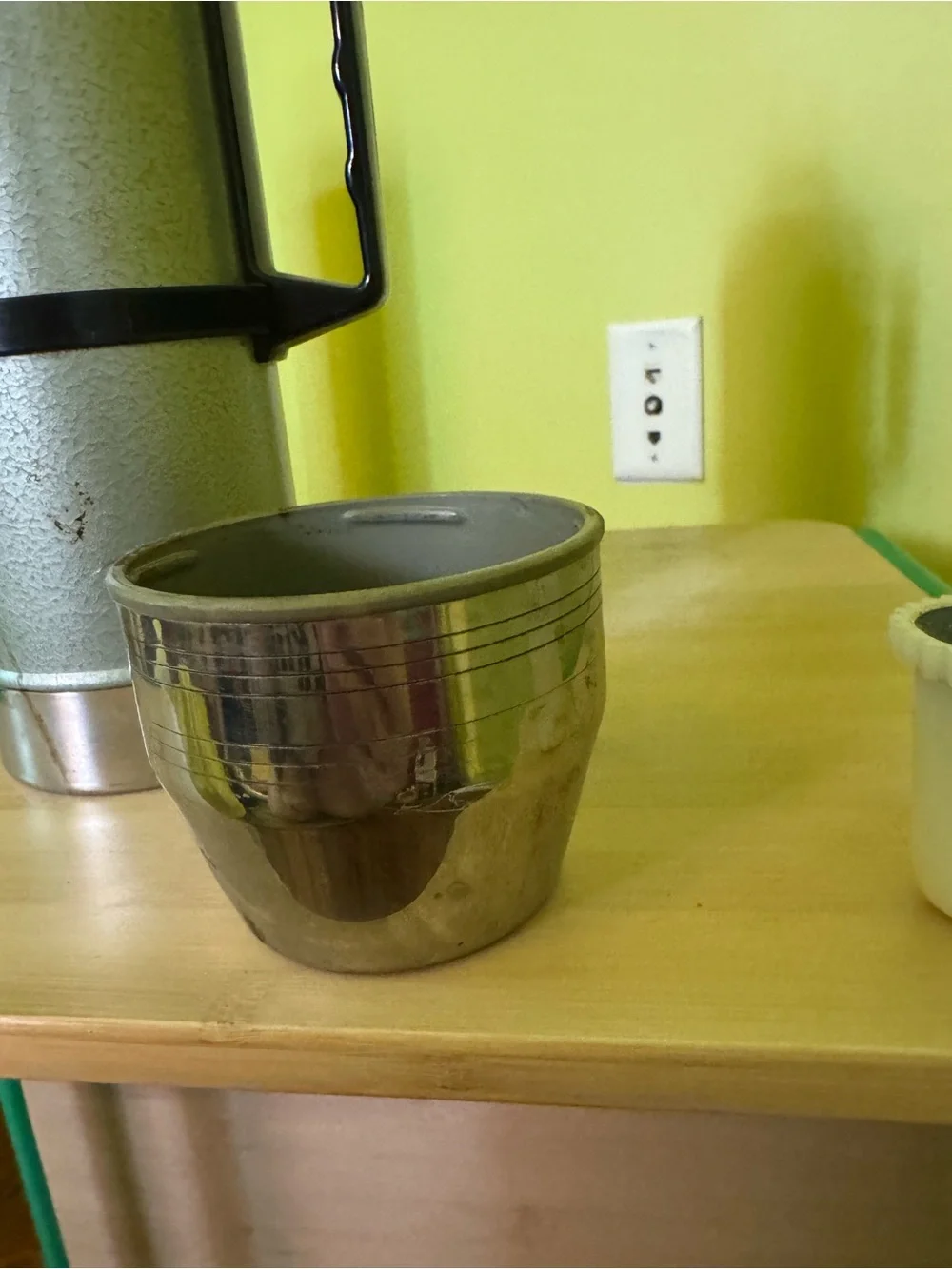 Vintage Silver and green Stainless Steel Vacuum Bottle